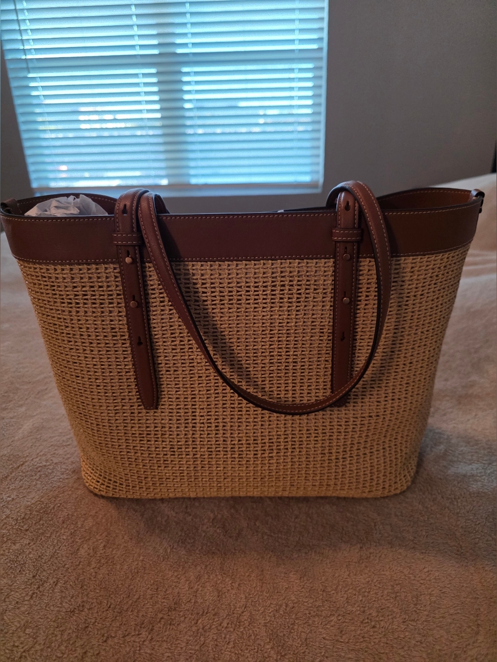 kate spade Natural Straw Tote with Brown Leather Trim - Picture 2 of 4